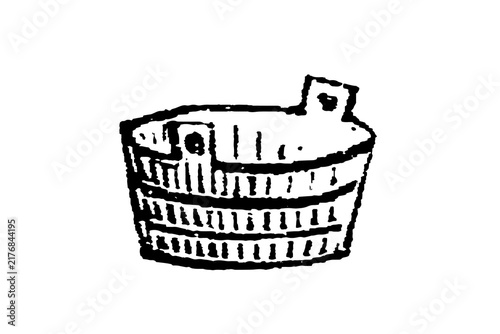 Round wooden washing tub with two side handles, old vintage illustration, 1897.