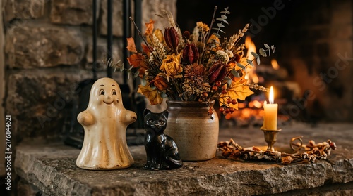 Cozy Halloween Fireplace Scene with Ghost, Black Cat, and Autumn Flowers