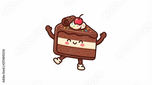 Happy chocolate cake slice cartoon character with cherry and sprinkles