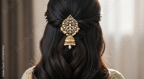 Traditional indian bridal hair ornament with gold jhumka style, ornament