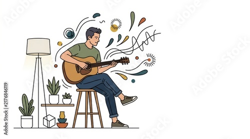 This captivating image showcases a man passionately playing a guitar adorned in a stylish green t shirt while surrounded by abstract musical