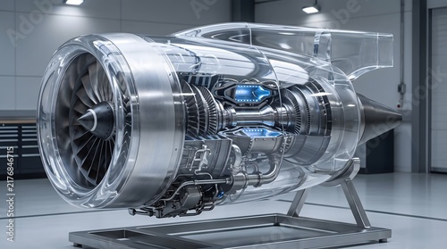 Futuristic Jet Engine with Transparent Casing Showing Internal Components in High-Tech Laboratory