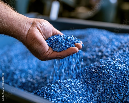 Hand holding a handful of blue plastic polymer pellets for industrial manufacturing and material processing