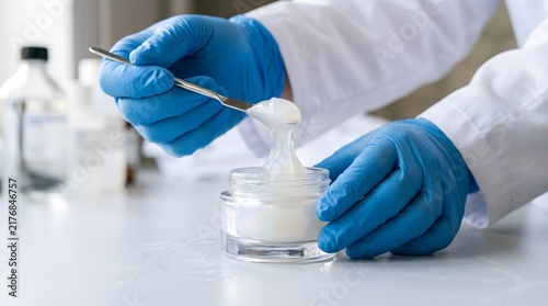 Close-Up of Gloved Hands Testing Translucent Gel-Cream Texture with Spatula in Laboratory