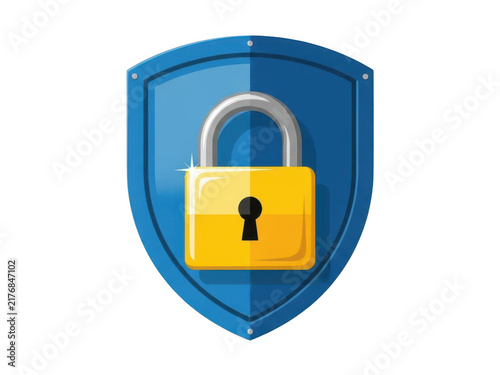 Pixel art blue shield with yellow padlock icon for cyber security concept isolated on transparent background