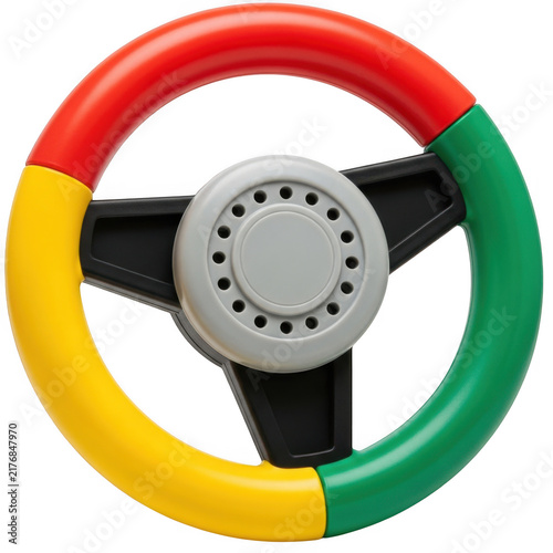 Colorful toy steering wheel for children in red yellow and green isolated on transparent background