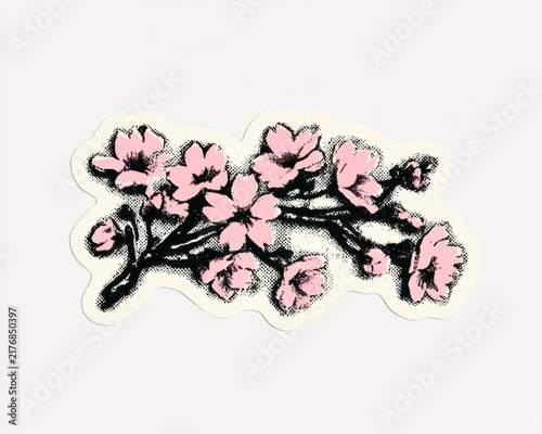 Vintage style cherry blossom branch illustration isolated on white background