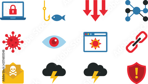 Cyber security threats and network vulnerability icon set featuring ransomware phishing virus spyware malicious link spam email and data breach warning symbols