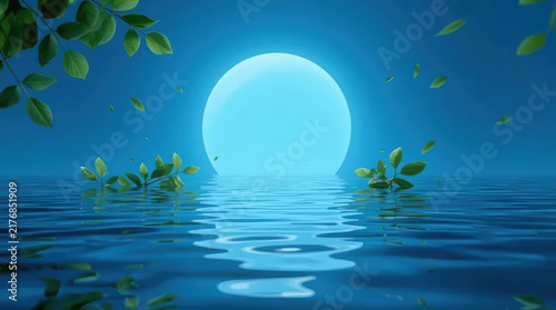 Glowing moon over tranquil water with floating leaves creates serene natural background