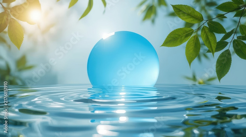 Blue sphere floating on sunlit water beneath fresh green leaves