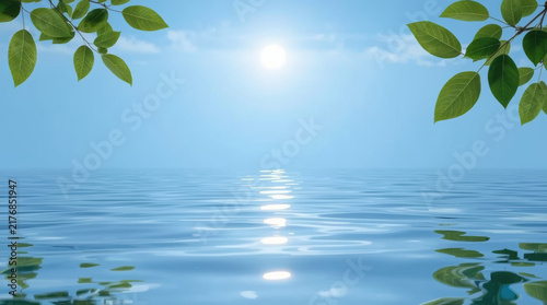 Serene blue water landscape with sun reflection and green leaf border