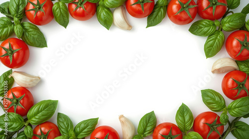 Fresh basil leaf, garlic clove, and tomato border on white background