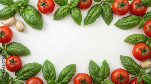 Fresh basil leaf garlic clove and tomato arranged on white background