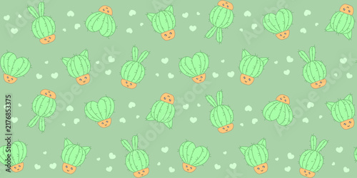 Cute cacti in the shape of a heart, a rabbit and a cat with funny faces on a green background with small hearts. Endless texture with plant characters in kawaii flower pots. Vector seamless pattern