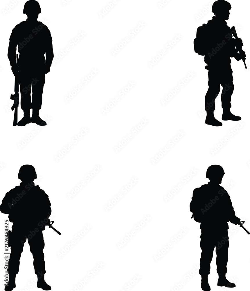 Naklejka premium Army soldier silhouette vector. Military person vector icon set