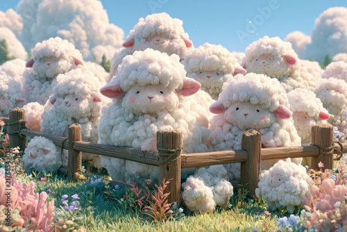 Adorable 3D fluffy sheep and lambs by wooden fence in flower field