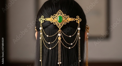 Traditional hair accessory with jade and dangling pearls accessory traditional