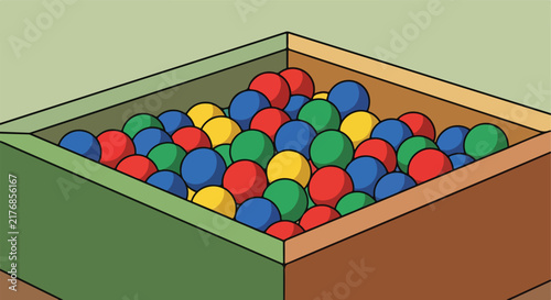 Colorful balls overflowing from a toy box in a room