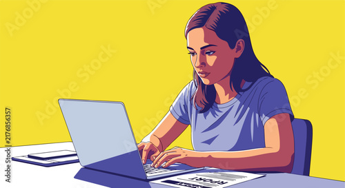 Focused woman typing on laptop at desk with report