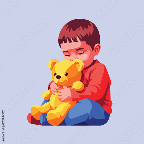 Small child hugging a yellow teddy bear against a plain background