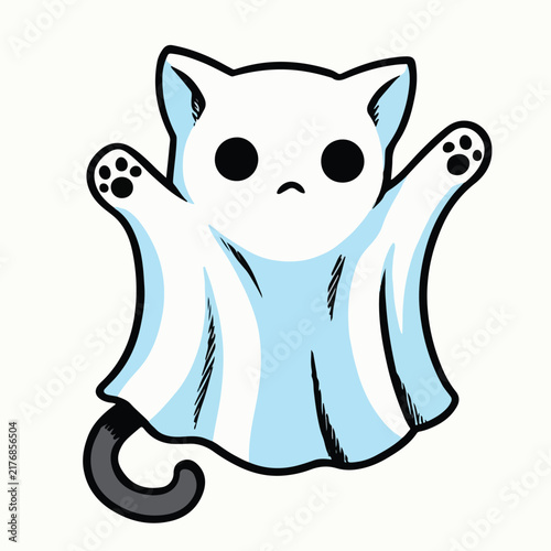 Cute little cat wearing a white ghost costume for a spooky halloween holiday party vector illustration