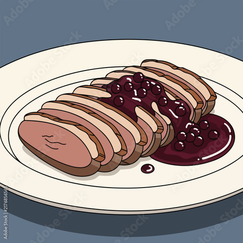 Sliced cooked meat with berry sauce on a plate, plain background