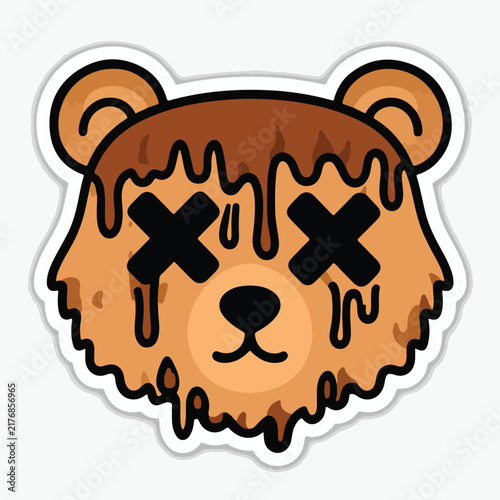 Cartoon grizzly bear face sticker featuring melting chocolate syrup texture with iconic cross shaped eyes design