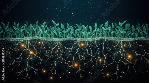 Futuristic plant root network glowing beneath fertile soil