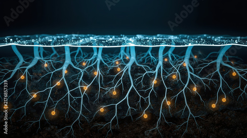 Futuristic soil science visualization with glowing roots beneath water surface