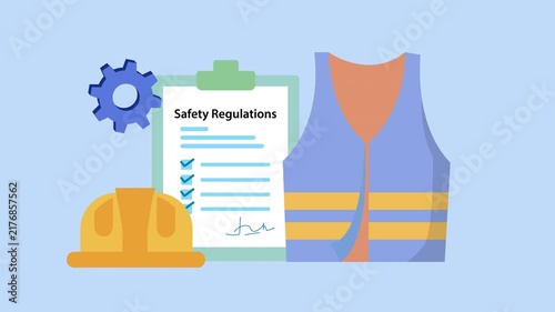 Workplace Safety Regulations Concept with Protective Helmet, Safety Vest and Compliance Checklist