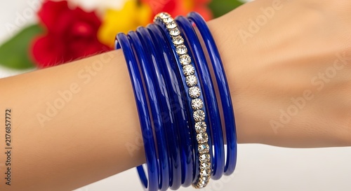 Stack of blue glass bangles with rhinestones bracelets accessories adornment