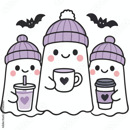 Cute little ghosts wearing purple beanies holding warm coffee drinks while bats fly above them happily