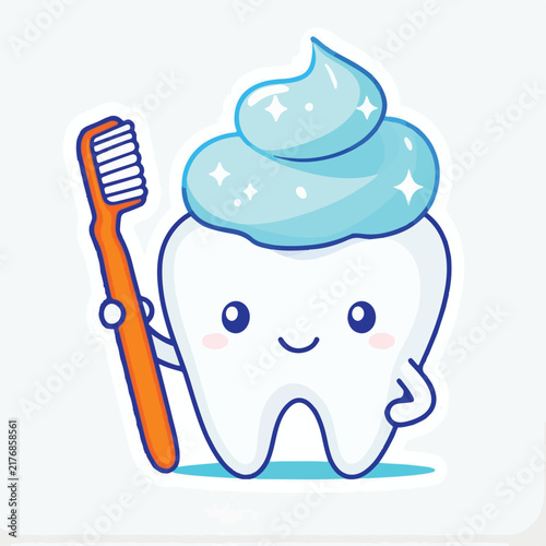 Smiling tooth character holding orange toothbrush with blue toothpaste in vibrant cute flat vector illustration style