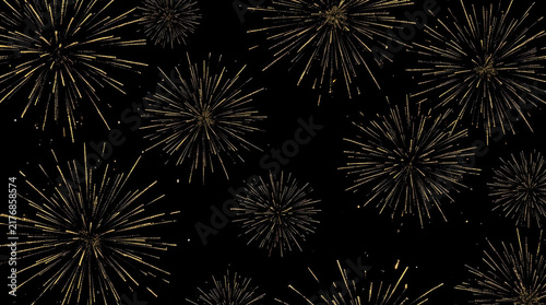Golden fireworks bursting in layered formations over dark night sky