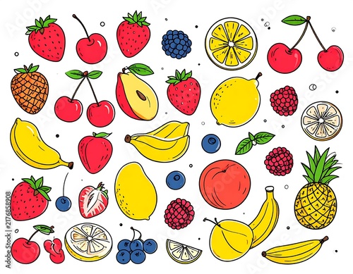 Colorful fresh fruits and berries seamless pattern.