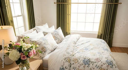 Cozy bedroom with floral bedding and fresh flower bouquet, bedroom decor