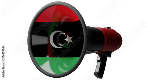 Megaphone with the national flag of libya for public announcement isolated on transparent background