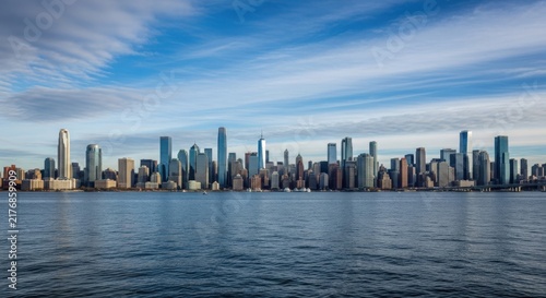 A city skyline with tall buildings and a body of water illustration