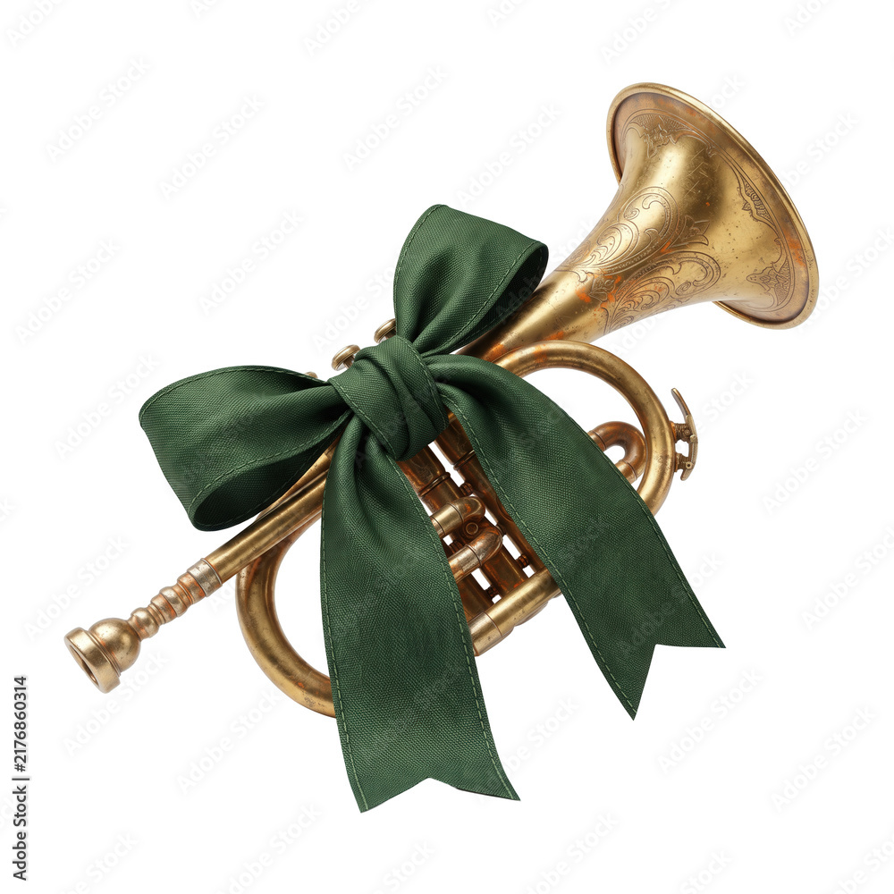 Fototapeta premium Antique brass horn with green ribbon bow isolated on black background. Brass horn featuring decorative engraving used for Christmas music celebration or holiday festive ornament design.