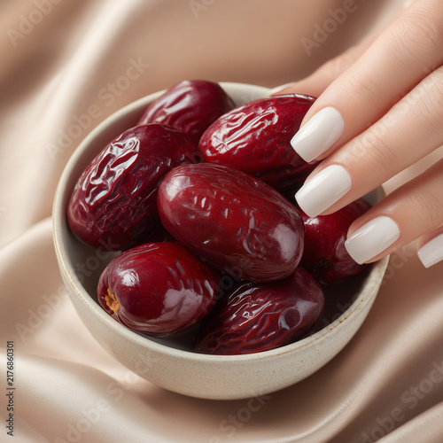 Manicured hand reaching toward glossy red dates in a ceramic bowl on soft satin fabric, creating a refined healthy snack and premium food concept.