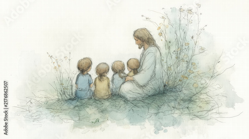 Watercolor depiction of Jesus surrounded by children in a warm scene of love, acceptance, and gentle teaching