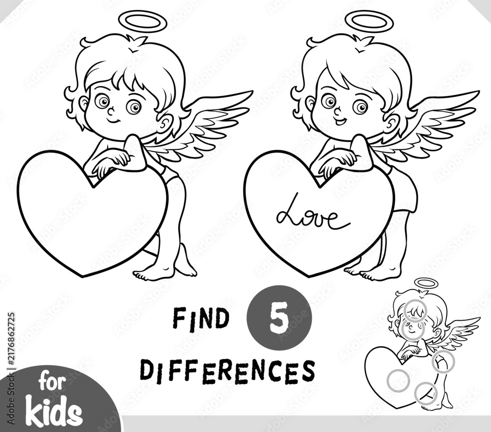 Fototapeta premium Cute character Angel with big heart. Spot the differences game for kindergarten and preschool children. Black and white coloring page for kids