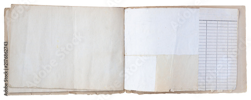 Obraz na płótnie Open vintage ledger book with blank aged pages and ruled columns isolated on whi