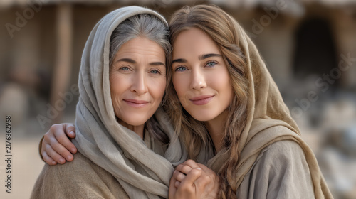 Mary and Elizabeth meeting joyfully in an ancient biblical scene with emotional reunion and warm atmosphere
