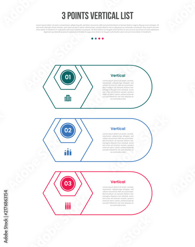 3 Points Vertical List Infographic Template with 3 Point Hexagon Outline Design for Slide Presentation