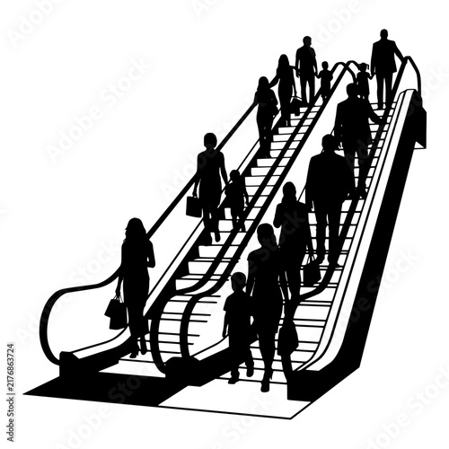 People on Escalator Black and White silhouette vector illustration