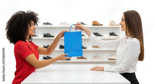 Customer receiving a blue shopping bag from a sales associate illustration