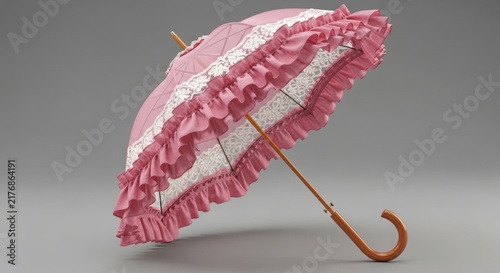 A pink and white parasol with a wooden handle illustration