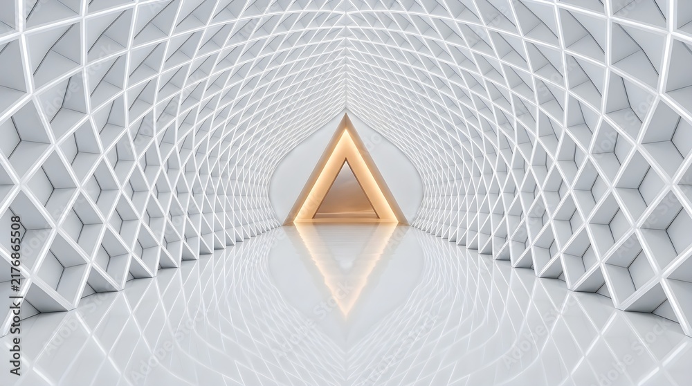 Fototapeta premium Futuristic white corridor with a glowing triangular portal showcasing complex geometric lattice patterns and highly reflective polished glossy floor surfaces