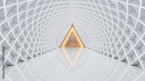 Futuristic white corridor with a glowing triangular portal showcasing complex geometric lattice patterns and highly reflective polished glossy floor surfaces